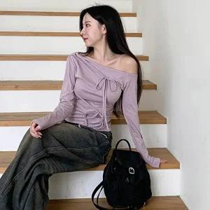 [옷자락]여성 레이온 스판 무지 오프숄더 긴팔 셔링 스트랩 티