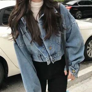 여성 힙무드 백버튼 크롭 루즈핏 청 데님 자켓