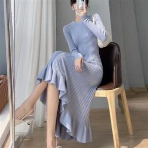 여자 골지 긴팔 프릴 슬림핏 긴팔 니트 롱 원피스