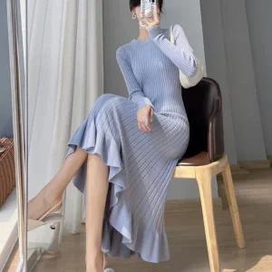 여자 골지 긴팔 프릴 슬림핏 긴팔 니트 롱 원피스