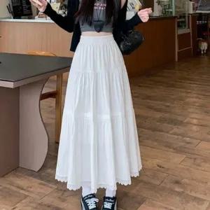 여자 러블리 플레어 화이트 레이스 밴딩 롱 스커트