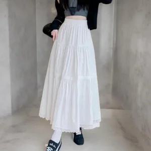여성 러블리 플레어 화이트 레이스 밴딩 롱 치마