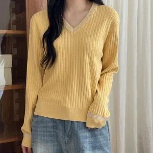 여자 배색 브이넥 가을 골지니트 노란색 버건디 니트