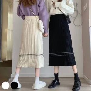 여성 스커트 A라인 3줄 포인트 골지 롱스커트 (WFJX2CN)
