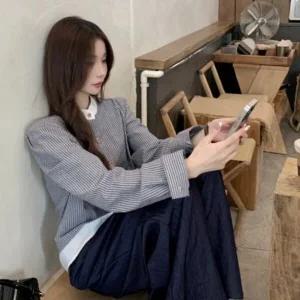 [하프클럽/]여자 클래식 배색 스트라이프 노카라긴팔 셔츠