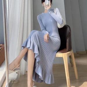 [하프클럽/]여자 롱 롱슬리브 슬림핏 프릴 스웨터 원피스