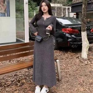 [하프클럽/]여성 슬림라인 골지 오픈 a라인 긴팔 니트 롱 원피스
