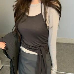 [하프클럽/]여성 긴팔티 레이어드 꼬임 스트랩 나시 세트