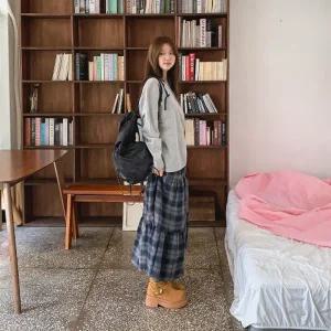 [다잇템] 여성 롱 키치무드 티어드 후레아 격자 고무줄 스커트