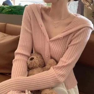 [다잇템] 여자 슬림핏 귀여운 골지 롱슬리브 후드넥 오픈 가디건_22909006_588872