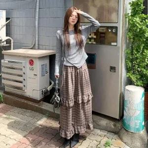 [다잇템] 여성 티어드 롱 귀여운 격자 고무줄 콘트라스트 프릴 스커트_22908991_588872