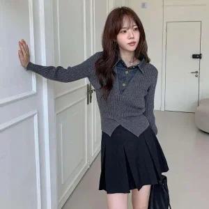 [다잇템] 여성 코디 골지 언발 롱슬리브 청카라 슬림핏 니트_22908988_588872