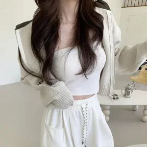 여성 루즈핏 후드 집업 니트 크롭 지퍼 스웨터