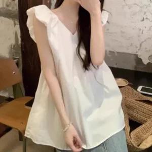 여성 러블리 무지 브이넥 프릴 소매 블라우스