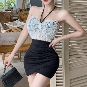 [신세계라이브쇼핑][옷자락] 여자 홀터넥 캡내장 장미탑 슬림핏 셔링 미니 원피스
