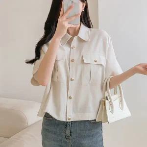 여자 여름 린넨남방 더블포켓 버튼 세미크롭 반팔 셔츠
