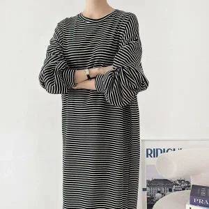 여자 가을 등원룩 박시 퍼프 라운드 단가라 롱원피스