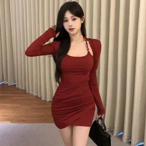 [옷자락]여자 파티룩 홀터넥 셔링 볼레로 긴팔 미니 원피스_P405991278