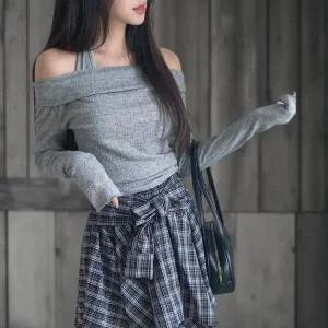 [하프클럽/]여성용 슬림핏 홀터넥 레이어드 긴팔 니트웨어