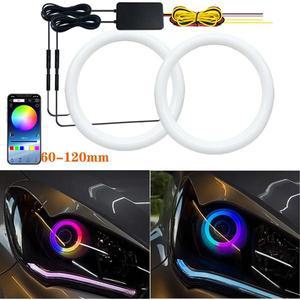 RGB 엔젤 아이 LED 주간 주행 헤드라이트 앱 제어 다중 조명 색상 음악 동기화 60mm-120mm 2 개