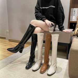 가을 겨울 여성용 화이트 부츠 무릎 높이 에나멜 가죽
