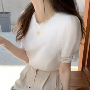 여성 레이스 블라우스 화이트 심플 하객룩 모임룩 데일리룩 S~L