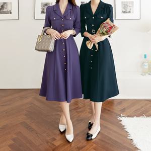 [시크라인] (~XXL까지) 올드바인 투포켓 볼드버튼 벨티드 플레어 원피스 봄,가을 하객룩 오피스룩 격식룩 데이트룩