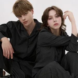 실크핏 모던 블랙 긴팔 커플 잠옷 세트