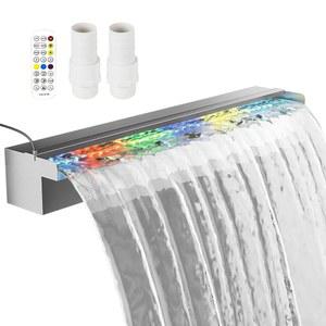 LED 조명이 있는 Kfpmx 풀 분수 스테인리스강 폭포 - 18가지 색상의 23.6인치 스트립 리모컨 부드러운 물 흐름 및 캐스케이드 블레이드 야외 정원 파티오 연못을 위한 간편한 설치