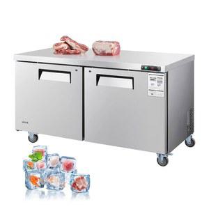 VEVOR 60인치 W 상업용 냉동고, LED 자동 조명 및 잠금식 도어가 있는 14.8Cu.Ft 작업대 언더카운터, 2도어 식품 냉동 준비 작업대, 캐스터가 스테인리스 스틸 테이블