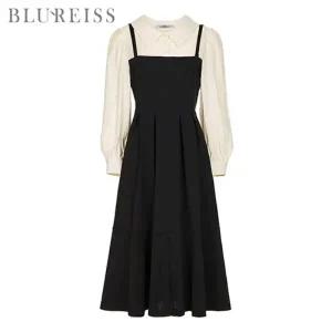 [블루레이스] 셔츠 카라 배색 핀턱 원피스_B5F1OP3011
