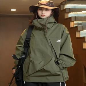 사선더블지퍼 빈티지 방풍 후드 재킷 그린 블랙 여성 아웃도어 경량패딩