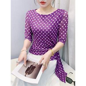 도트 땡땡이무늬 여성 라틴 포츠 메쉬 망사 티셔츠 밸리 라인댄스옷 살사 소매 푸른