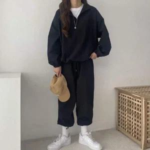 [셀러에이드]여자 듀얼컬러 데일리 하프집업스테디 밴딩팬츠 스타일링 코디세트