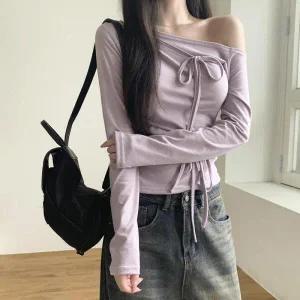 /신상오픈런 여성 스판 레이온 기본 오프숄더 긴팔 티셔츠