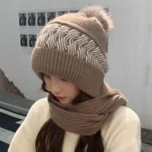 캐주얼 여성 방울 니트 후드일체형 모자머플러 밍크목도리 밍크워머 밍크넥워머 캐시미어목도리