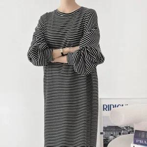 여자 가을 등원룩 박시 퍼프 라운드 단가라 롱원피스