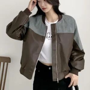 [다잇템] 여자 블루종 믹스 레더 FW 콘트라스트 진 자켓