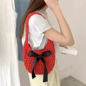 여성 여름 리본 미니 니트백 그물 네트 백 비치 가방 네트백 (WFJXQBT)