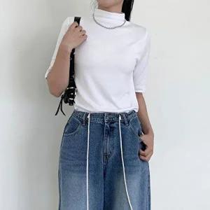 [옷자락]여성 데일리 레이온 스판 반목 반팔 티셔츠