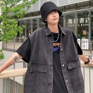 남자 데님 베스트 루즈 오버 핏 청 조끼 레이어드 (WFJY2CT)