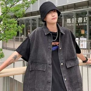 남자 데님 베스트 루즈 오버 핏 청 조끼 레이어드 (WFJY2CT)
