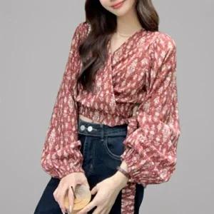 [신상오픈런]|CCH40AB|여성 퍼프소매 크롭 블라우스 허리 스트랩 러블리 디자인