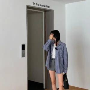 |KDH40E4|여성 스트라이프 포켓 박스핏 면혼합 셔츠
