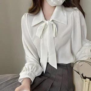[신상오픈런]|CCH40F6|여성 클래식 리본 스트랩 카라넥 화이트 쉬폰 블라우스