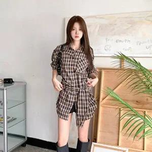 [옷자락]여성 루즈핏 체크 꼬임 스트랩 면혼방 롱 남방