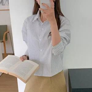 [옷자락]여자 세미크롭 스트라이프 심플 카라넥 가을 긴팔 셔츠