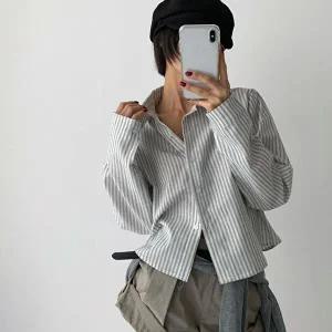 [옷자락]여자 가을남방 스트라이프 세미크롭 박스핏 면 셔츠