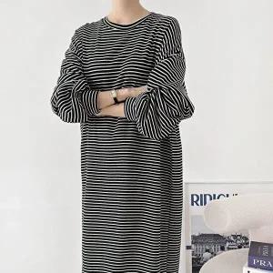 [옷자락]여자 가을 등원룩 박시 퍼프 라운드 단가라 롱원피스