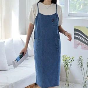 [옷자락]여자 박시핏 양트임 포켓 슬림끈 가을 데님 롱원피스